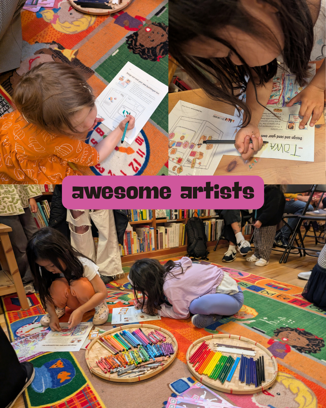 Children drawing and coloring on Shape of Love balikbayan box activity sheets with crayons and colored pencils at a storytime at Third Place Books.