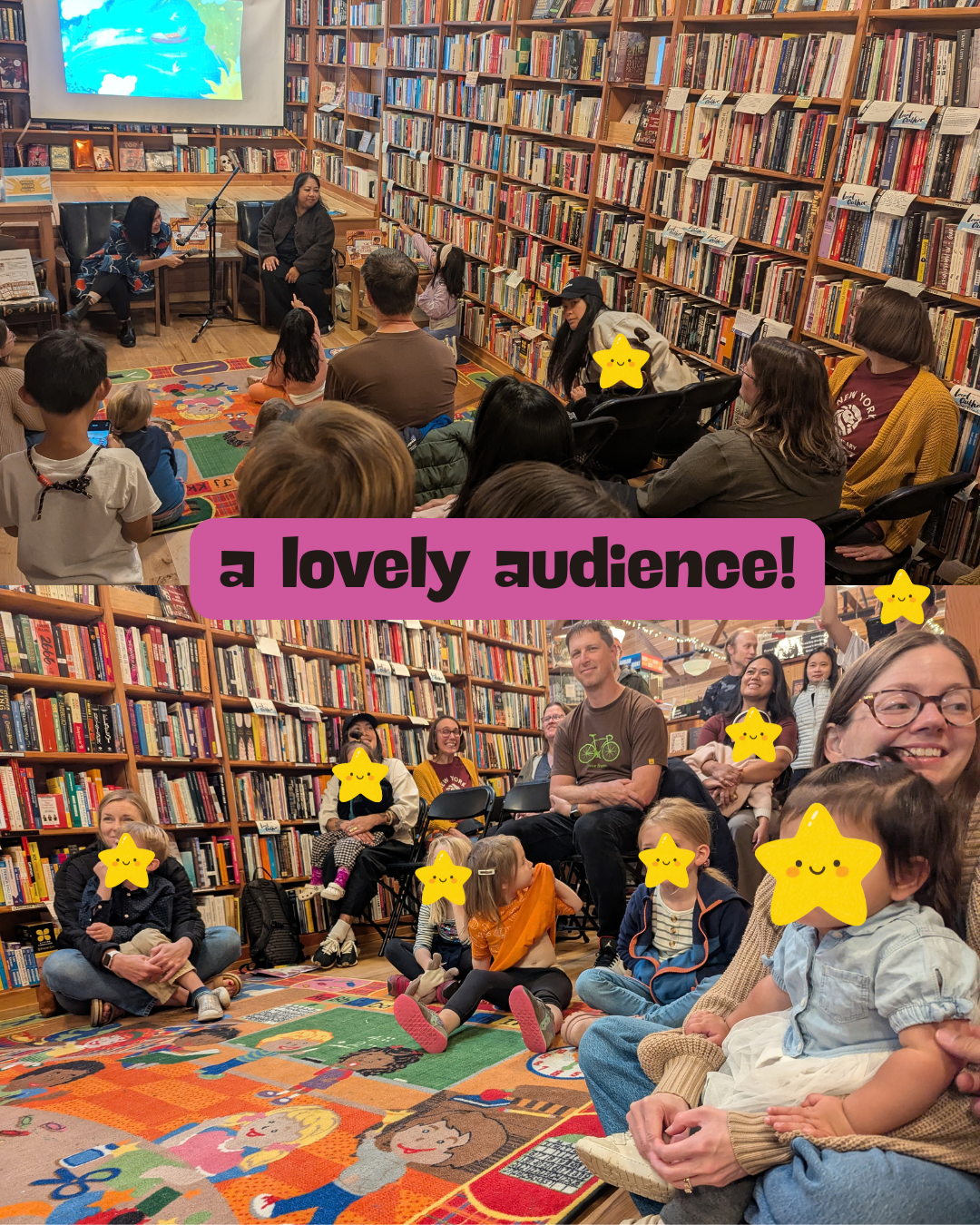 Carren Jao reading her award-winning children's book 'The Shape of Love' to a packed audience of children and parents at a storytime at Third Place Books.